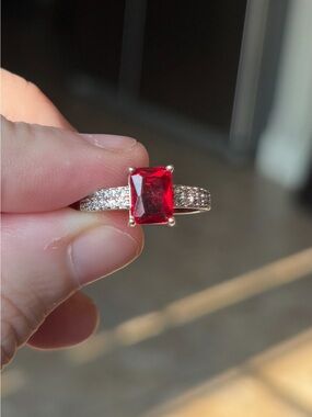 Silver Ring with Red Emerald-Cut Center Stone and Pavé Band Adjustable Ring! 💍